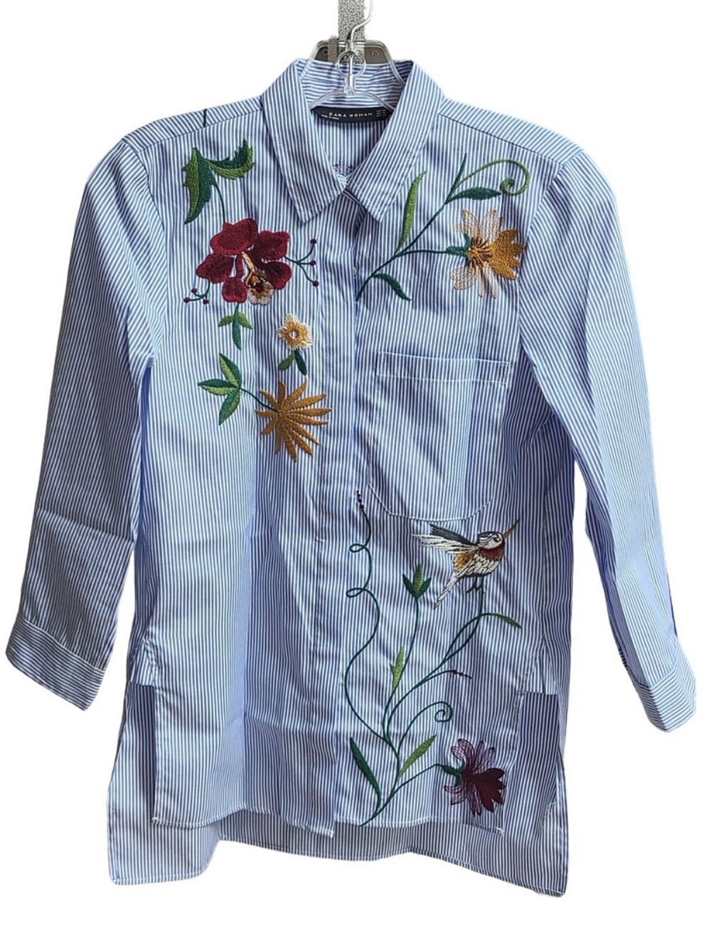 Zara Woman Blue Striped Embroidered Bird & Floral Button Down Shirt XS